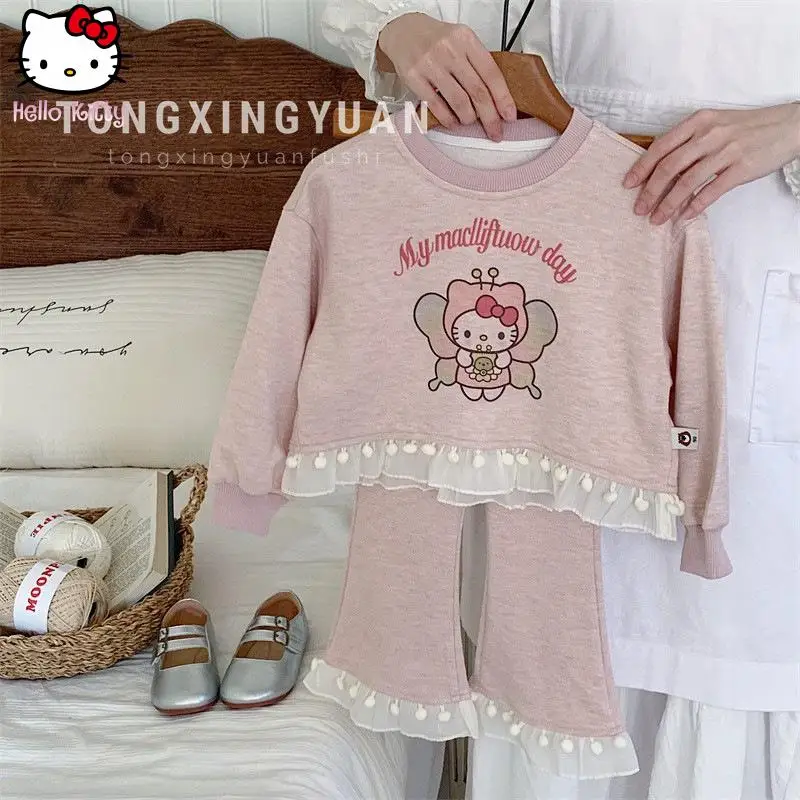 

Hello Kitty Girls Аниме Новый 2 шт. Sanrio Осенний детский мультфильм Kawaii Корейская версия Милый повседневный кружевной комплект из толстовки и брюк