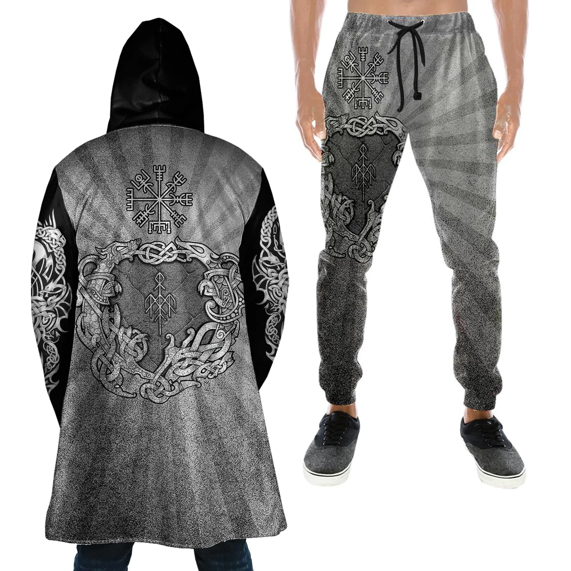 

Tattoo Symbol Viking Thick Warm Hooded Cloak Sweatpants Combo Set Overcoat Coat Windproof Fleece Unisex Long Joggers Trousers-1