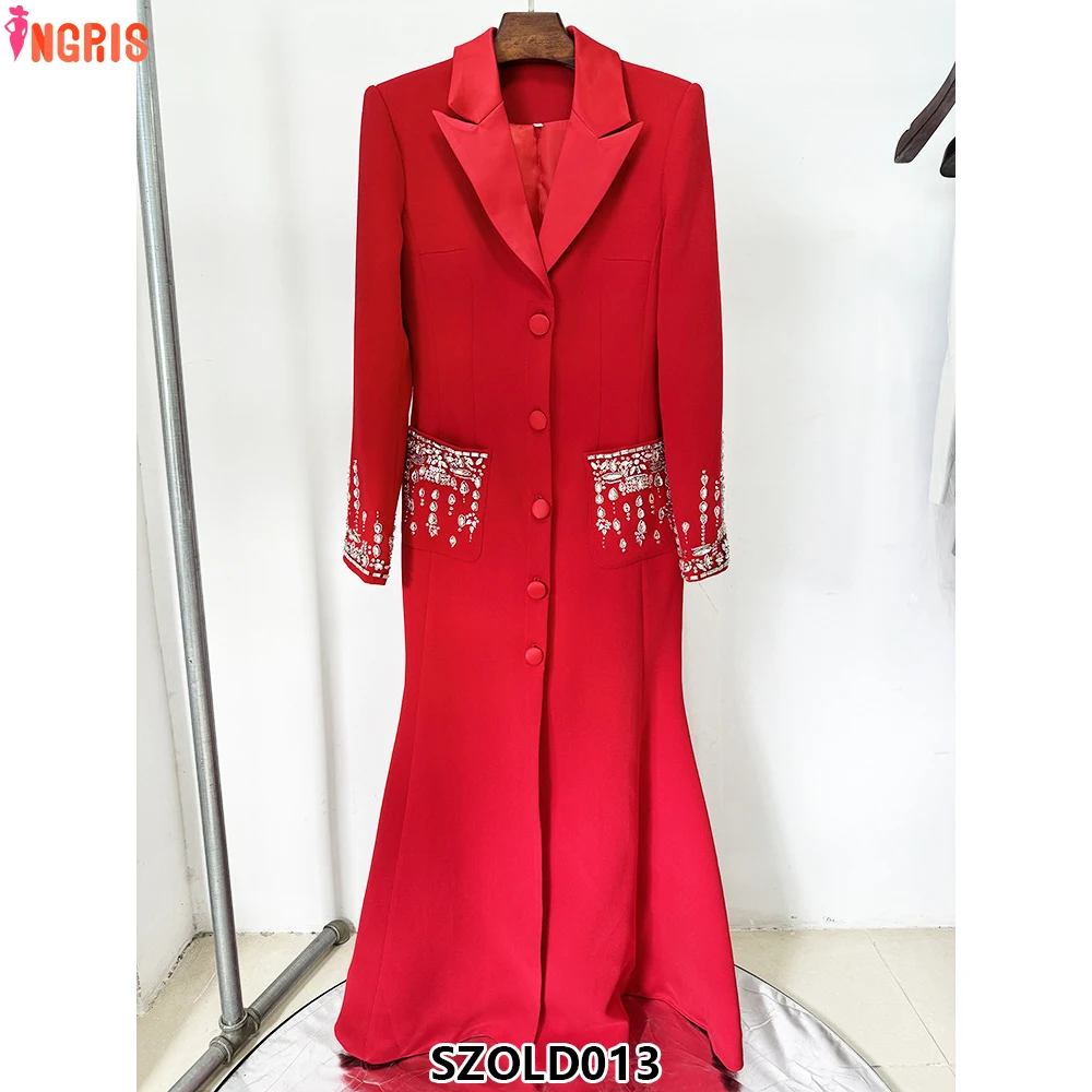 

High street latest 2025 designer fashion womenswear long sleeve notch neck rhinestone diamond beads maxi dress-SZOLD013