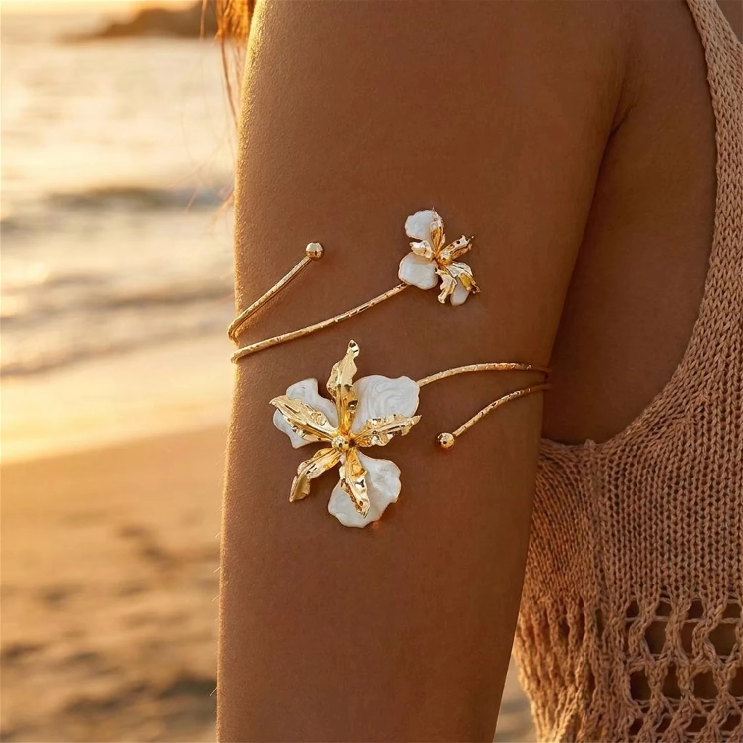 FTCY Elegant Sexy Floral Open Cuff Armlet For Women Vintage Boho Enamel Glaze Craft Upper Arm Bracelet Beach Body Jewelry Gift