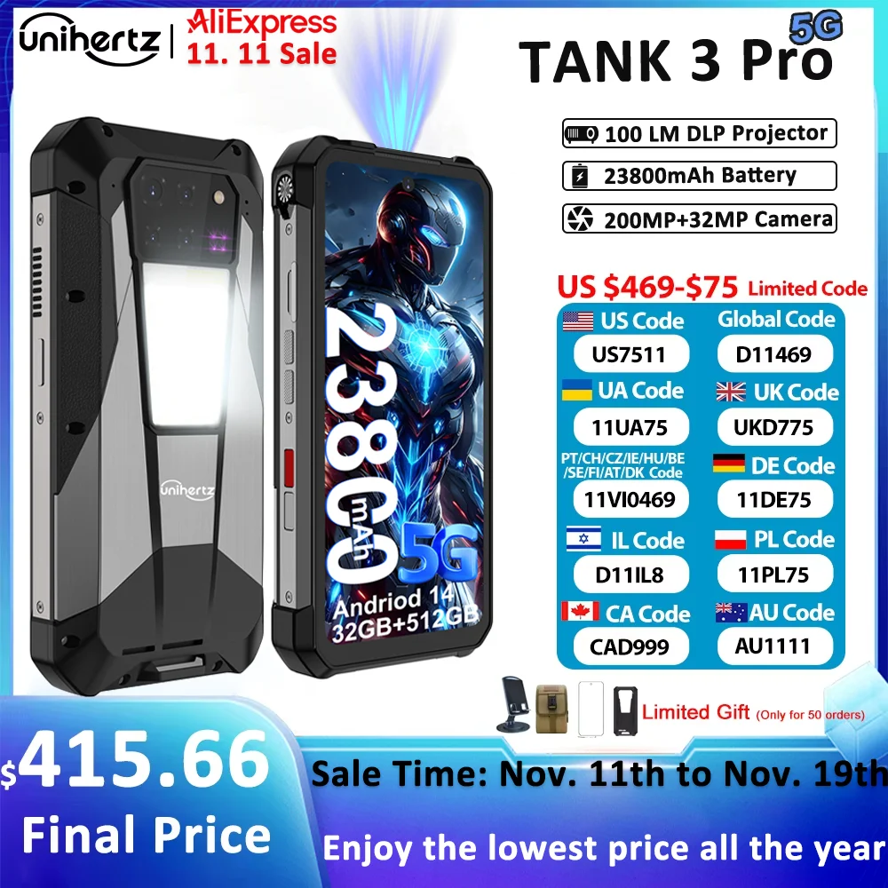 Unihertz Tank 3 Pro 8849 Rugged 5G Phone with 100 Lumens Projector Android 14 32GB 512GB 23800mAh Waterproof Phone WIFI 6 NFC