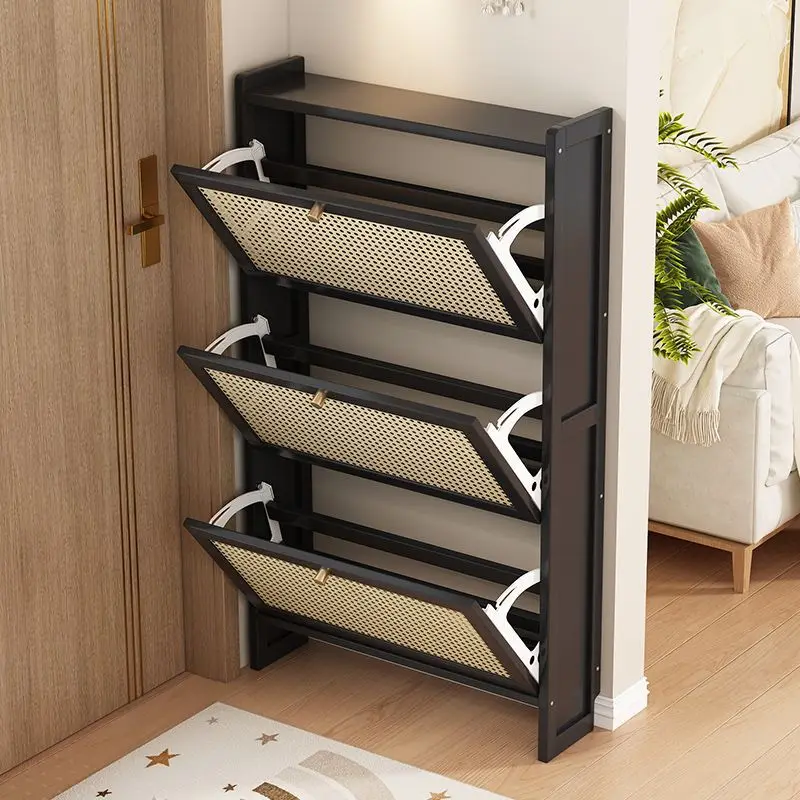 Ultra-thin shoe cabinet household door solid wood tipping bucket against the wall shoe rack new extremely