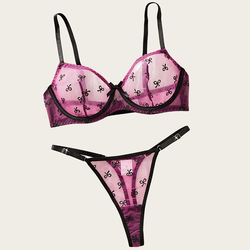 Women's Lingerie Sets Sweet Bow Embroidered Mesh Underwear Three-point Bra and Panties Sets French Style Ultrathin Sexy Lingerie