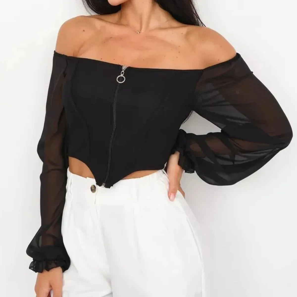 Square Collar Chiffon Tops Women Solid Color Lantern Sleeve Cardigan Zipper Go Out Wear Fit Camisole Sexy Vest Fashion Clubwear