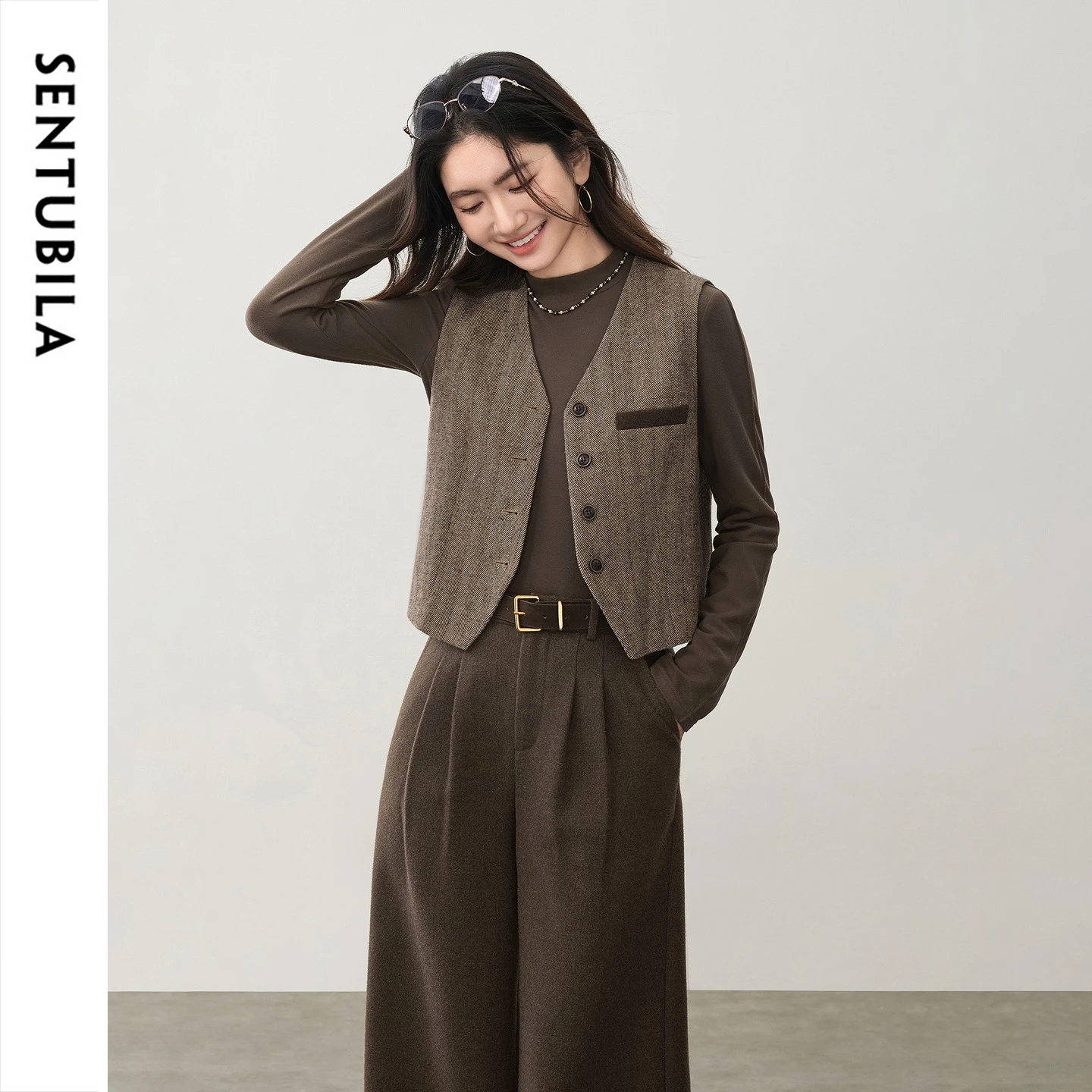 SENTUBILA Women's 2-piece Sets V-Neck Wool Blend Vest Wide Leg Trousers 2026 Old Money Style Winter Warm Commuter Suit 164ZA8495