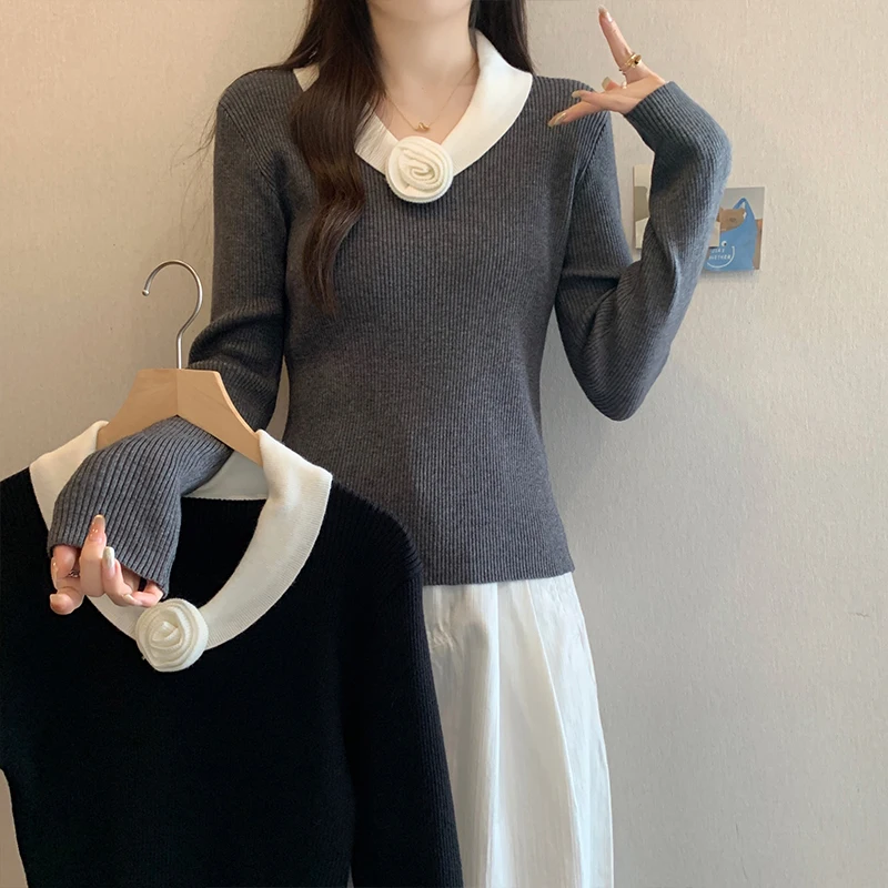 أنيقة زهرة متماسكة سترة المرأة المتناقضة اللون الخامس الرقبة ثلاثي الأبعاد سليم عارضة البلوز البلوز قاع قمم