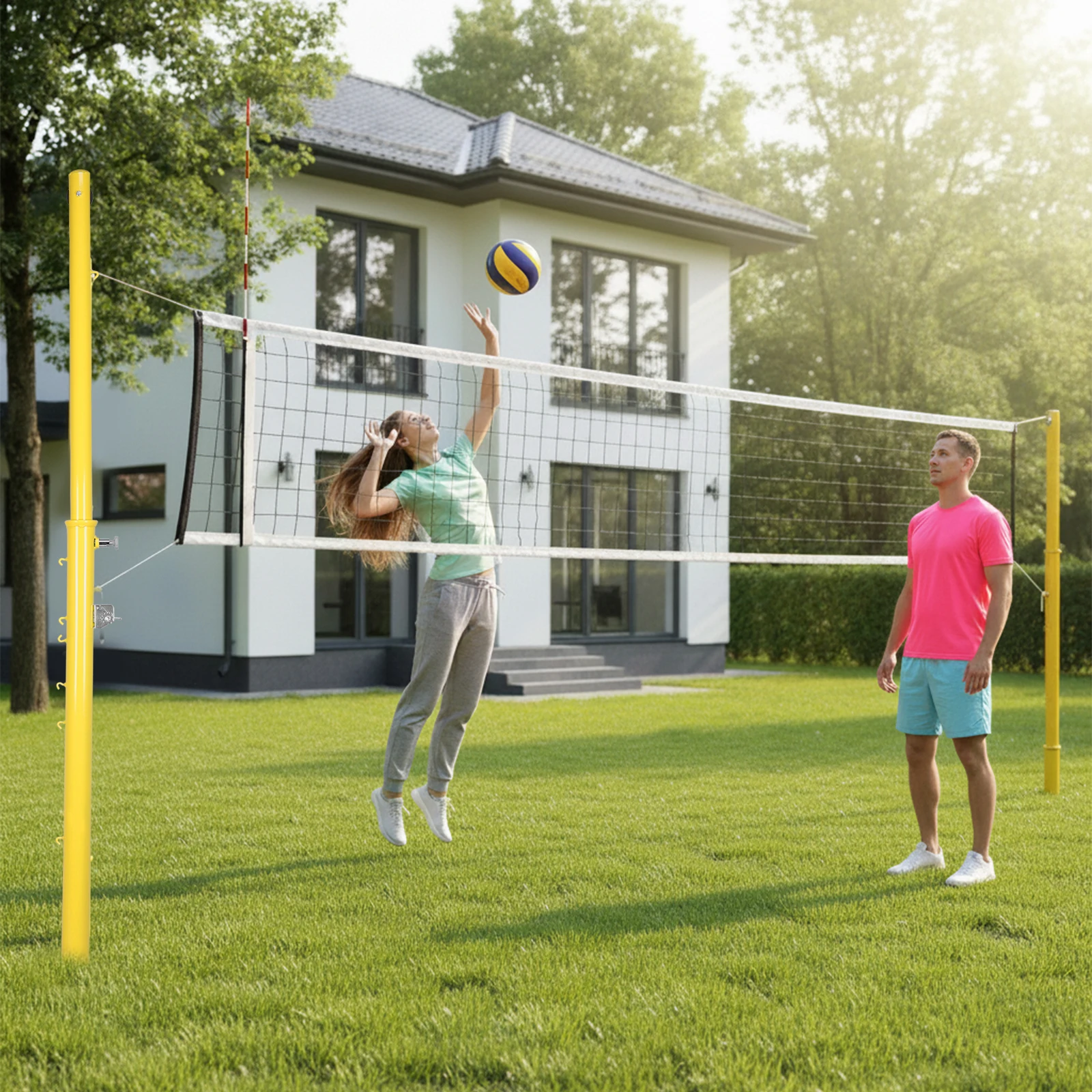 Red de bádminton de entretenimiento con soporte para insertar en el suelo, ajustable a 6 alturas de 1.5m a 2.4m para uso en gimnasios interiores/parques exteriores o escuelas