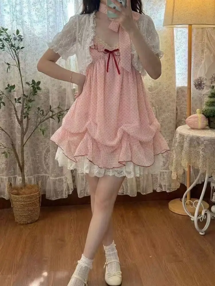 

Японский модный милый комплект из 2 предметов: женский мини-топ с кружевом + платье в горошек. Новинка, шикарный, кавайный, пушистый ретро-костюм. Лето 2026.