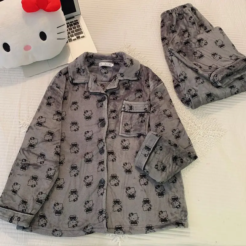

Модные милые серые пижамы Hello Kitty Sweet Girl, осенне-зимние утолщенные коралловые бархатные пижамы, свободный удобный универсальный комплект домашней одежды