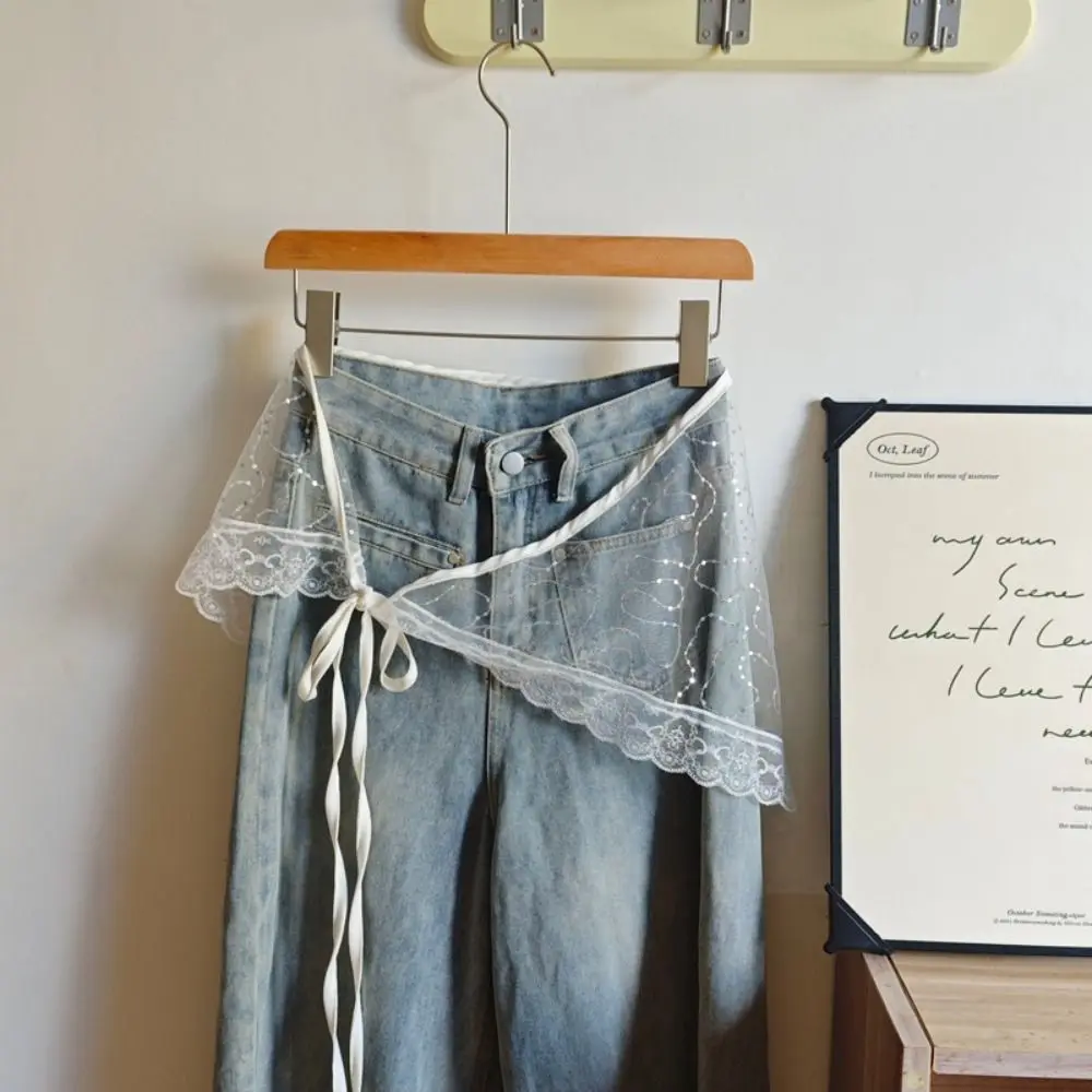 Moda stile coreano mini gonna in pizzo garza sottile paillettes mezza gonna fascia da smoking abito a triangolo cintura jeans ragazze piccanti