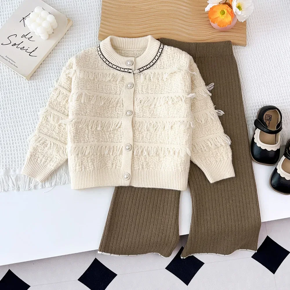 Bear Leader Girls Clothes Solid Color Sweater Children\'s Sets Tassel Single Breasted Cardigan Jacket+Pants Winter Two-piece Set