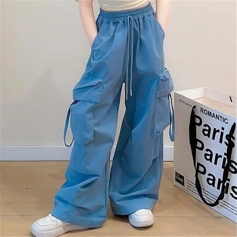 

Girls Cargo Pants Spring Kids Straight Wide-leg Pockets Pants Summer Teen Fashionable Loose Trousers Children Clothes 5-14 Years