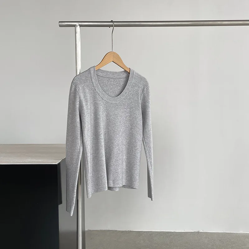 WHTREND U-الرقبة طوق التخسيس لينة محبوك قاعدة قميص للنساء أنيقة طويلة الأكمام تي شيرت علوي WH1773 #6