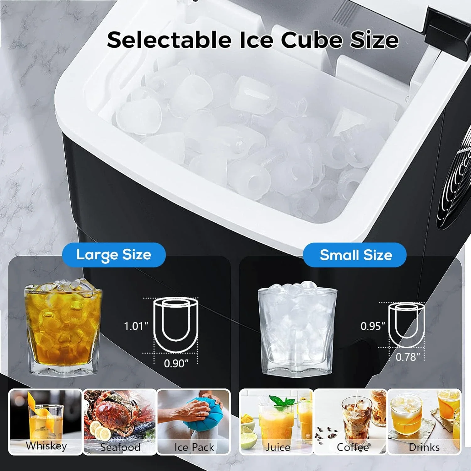 Self-Cleaning Countertop Ice Makers, Produzindo 26.5lbs de gelo em 24hrs, 9 Cubos, Pronto em apenas 6-8Mins, Características 2 Diffe, Ice Cold