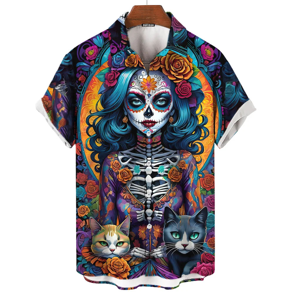 

Day Of The Dead Shirt Skull Men's Shirts Skull Face 3d Print Short Sleeve Retro Loose Oversized Man Clothing Festival Clothing