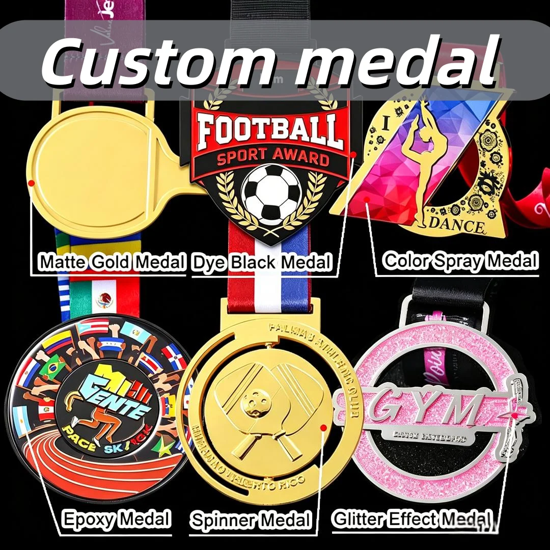 Custom Your Own Logo Medals Matte gold Dye black  Color Spray Epoxy Spinner Glitter Effect Medal
