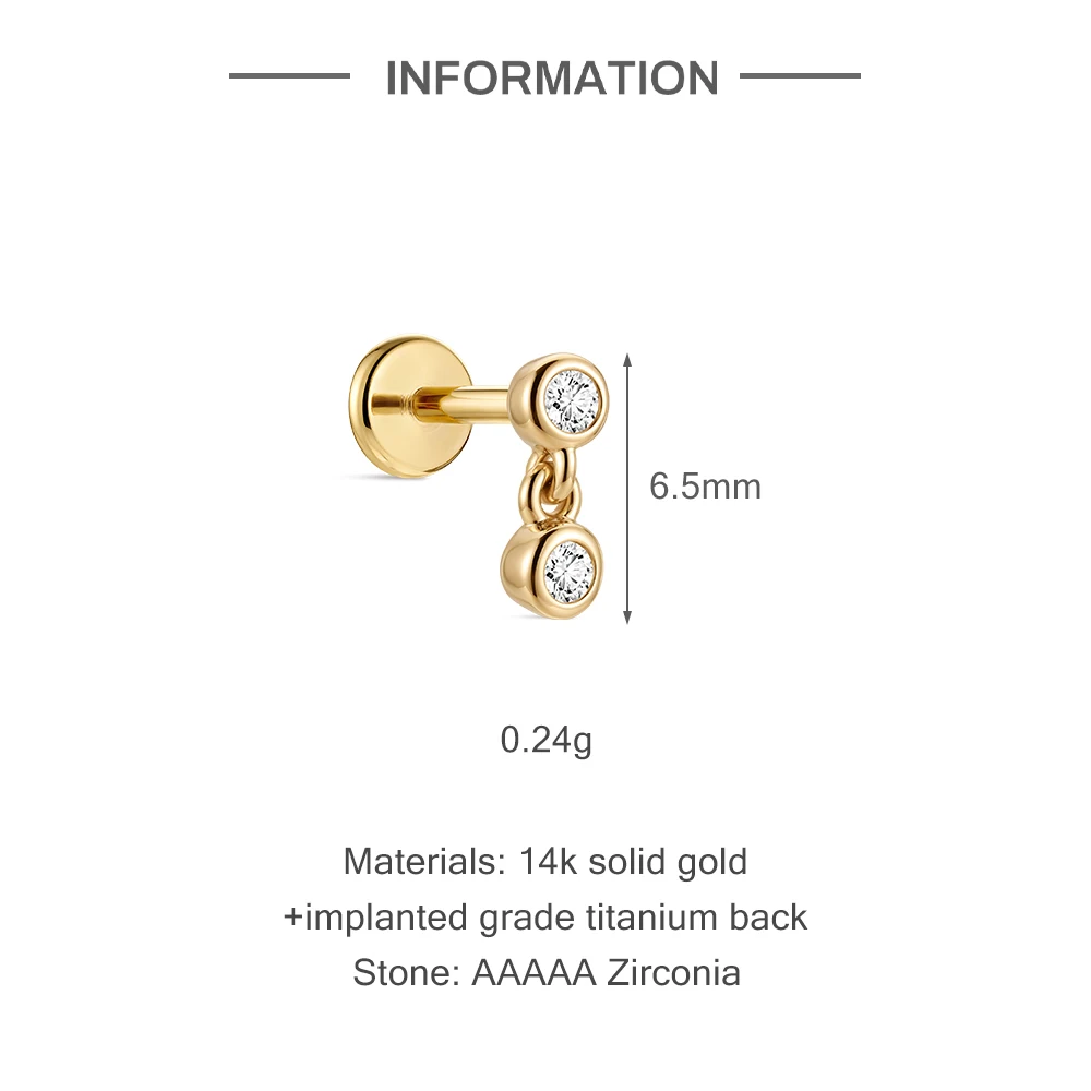 Aide 14K Solid Gold Hypoallergenic Zircon Dangle Piercing Stud Customized Assorted Pendant Cartilage Earring for Sensitive Ears