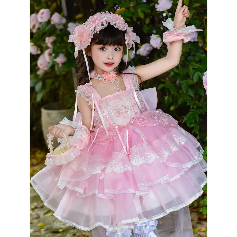 Baby Girl Summer Pink Sweet Lolita Floral Lace Princess Gauze Ball Gown Floral Lace Dress Birthday Wedding Party Eid Childen Clo