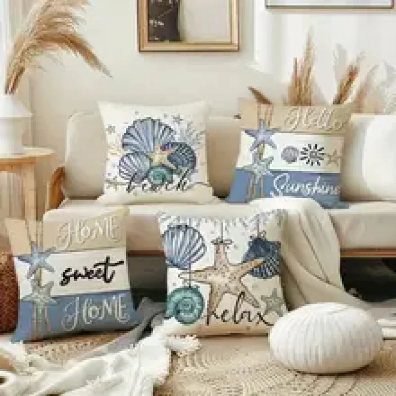 VIKAMA 18x18 Inch Beach Ocean Theme Pillow Covers Starfish Shell Print Decorative Throw Pillow Cases for Sofa Bedroom Car