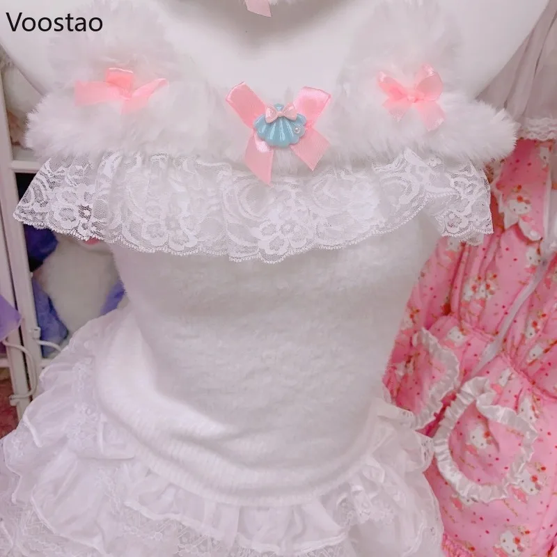 Sweet White Lolita Style Knitted Camisole Women Sweet Plush Bear Ears Bow Mermaid Shell Lace Ruffles Tank Tops Y2k Princess Vest