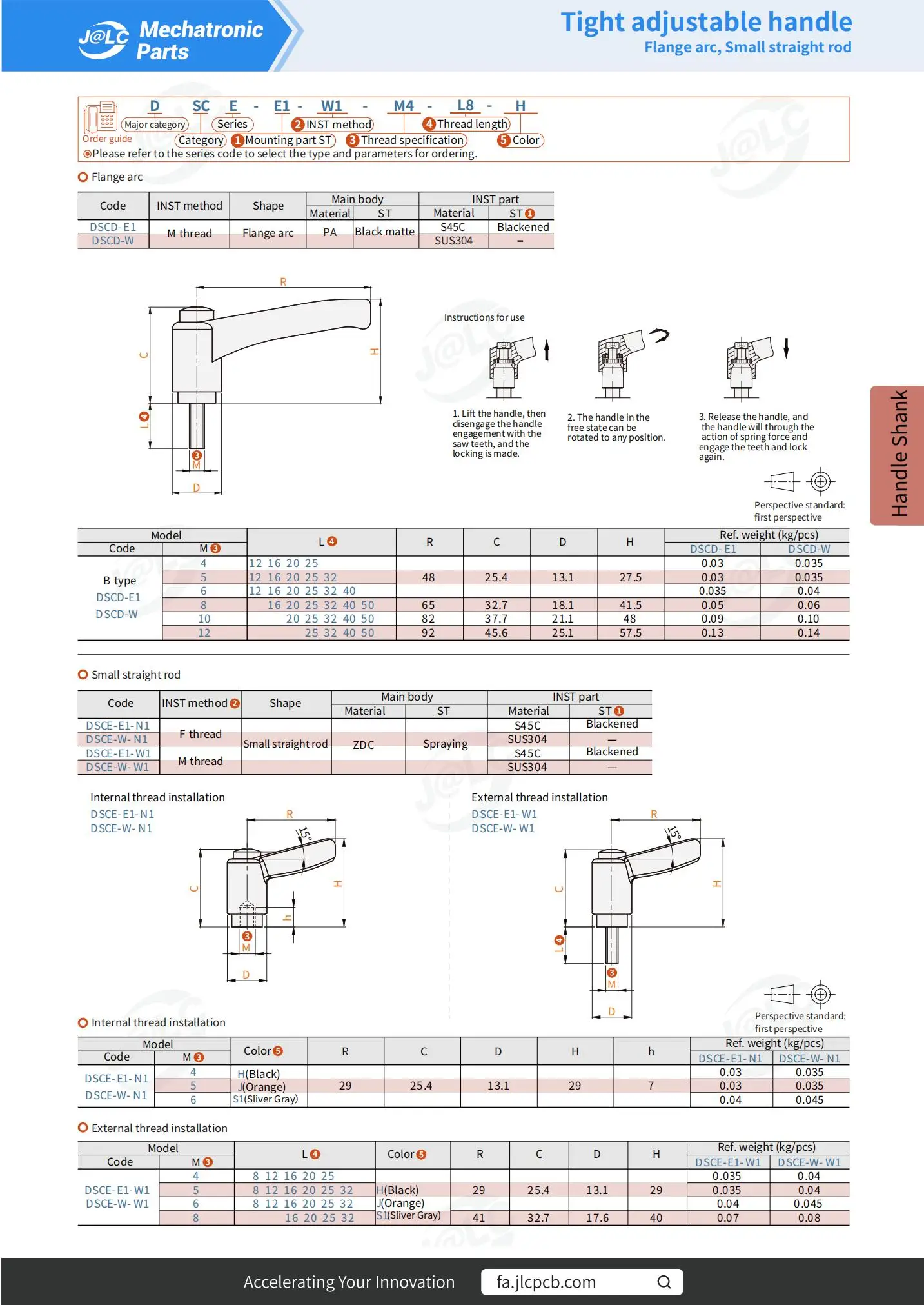 1pcs Tight Adjustable Handle Small Straight Rod M4 M5 M6 M8 L8-32 S45C/SUS304 Black/Orange/Silver Gray DSCE-E1/W-W1