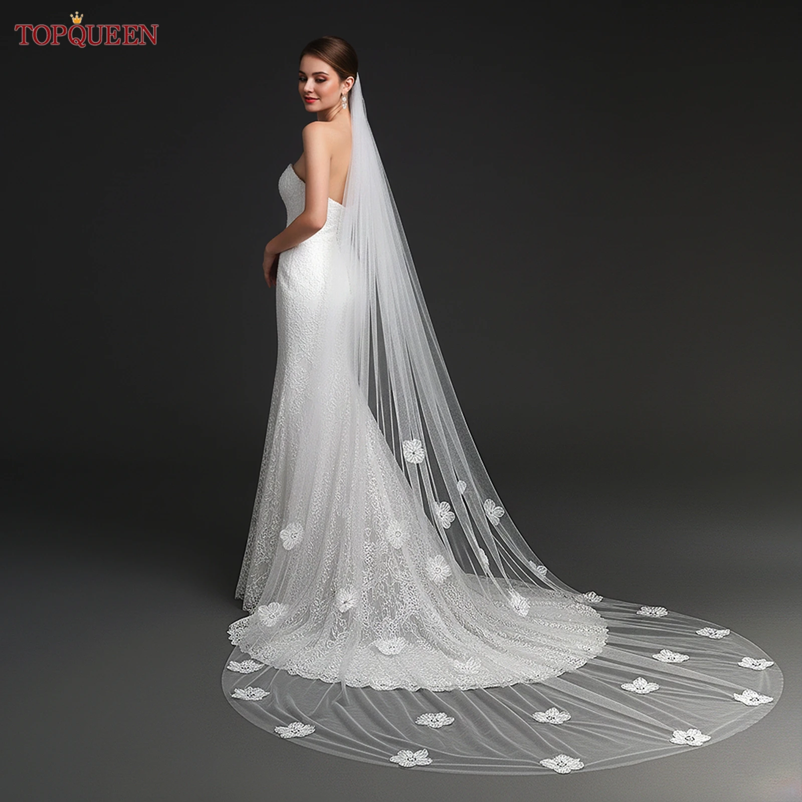 TOPQUEEN 3D Floral Bridal Veil Velo De Novias Catedral Extra Long Trailing Veil White / Cream White Wedding Accessories V202
