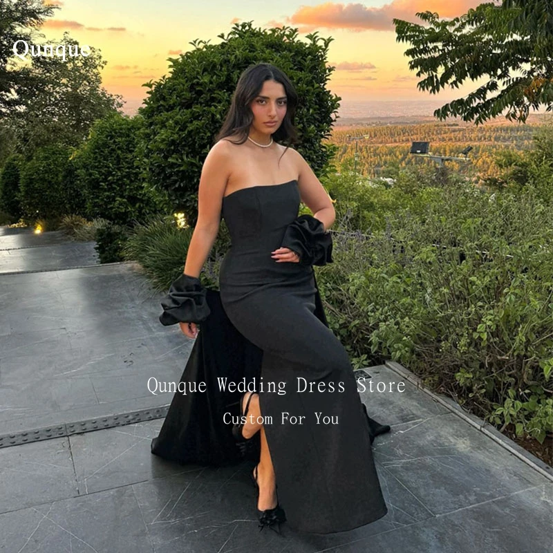 

Qunque Sexy Strapless Evening Gowns Short Puff Sleeves With Court Train Fashion Formal Occasion Dress Robes Habillées Customized
