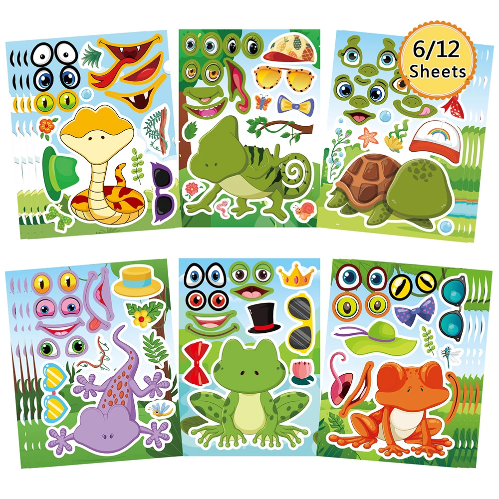 6/12Sheets Make a Face Animals Puzzle Sticker Kids DIY Lizard Frog Snake Assemble Jigsaw Educational Toys Children Favor Gifts