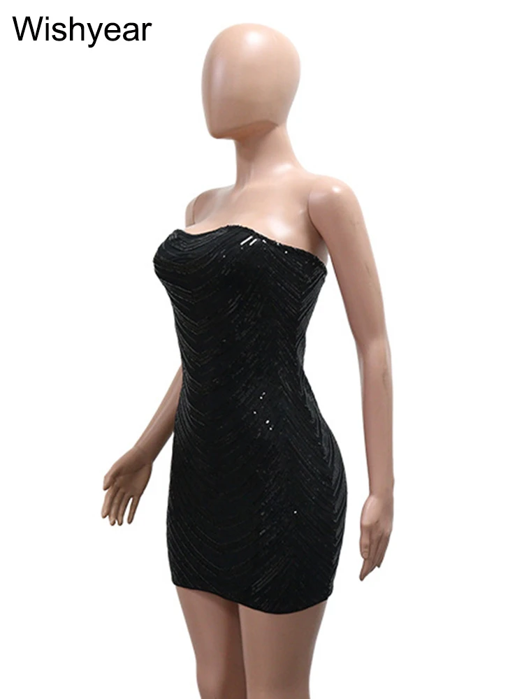 新しいセクシーなスパンコールナイトクラブストラップレスミニドレス女性のためのノースリーブボディコンエレガントな誕生日パーティーウエディングイブニングドレス夏