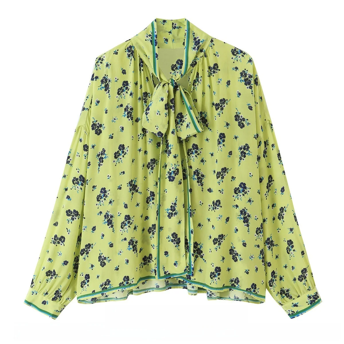 Elegant Printed Shirt with Bow Tie Stand Collar Midi Skirt for Women Autumn 2026 Long Sleeve Loose Fit Shirt Female Fashion