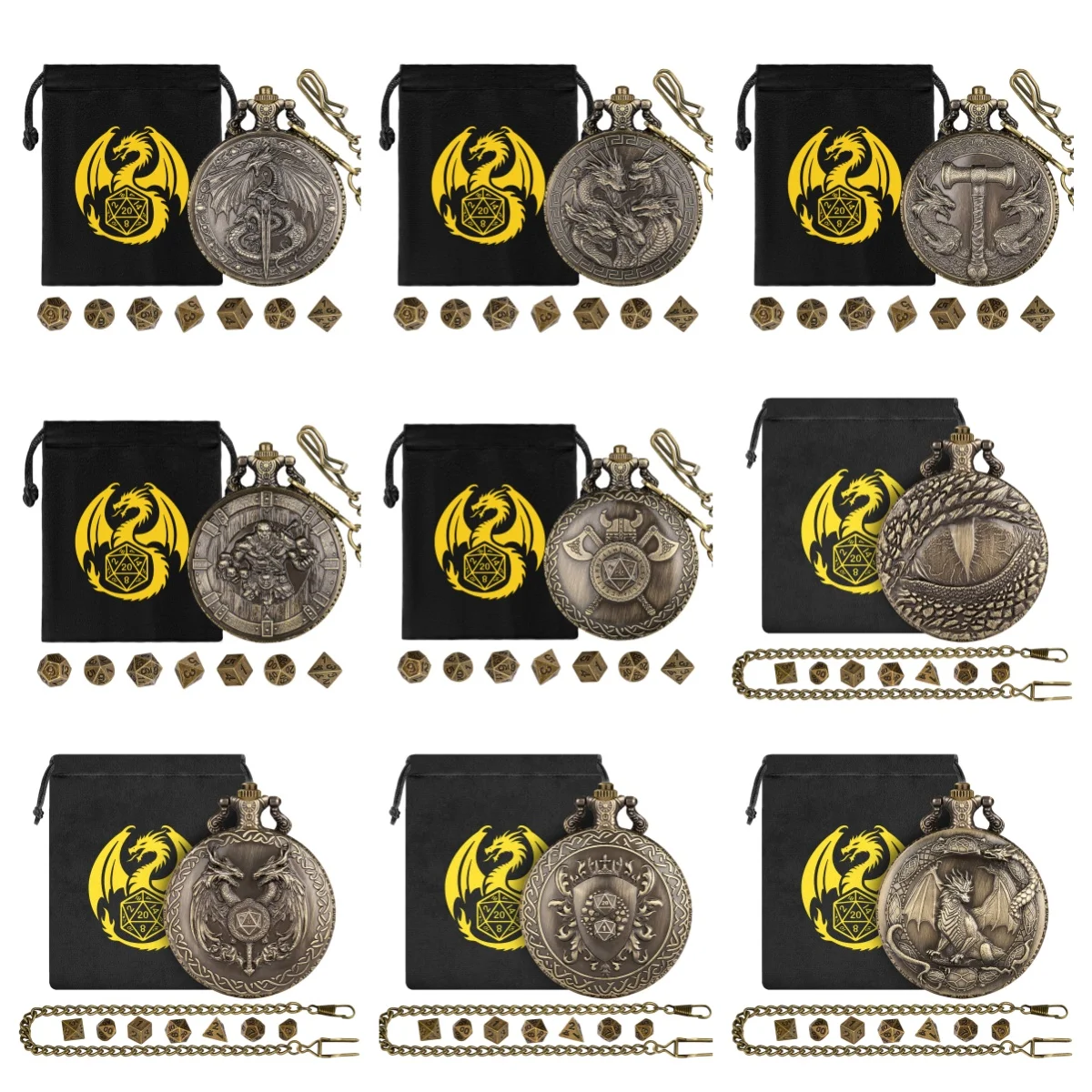 Steampunk Dice Case Pocket Watch Shape with 7 Mini Metal Dice Unique Tabletop RPG Dice Storage Box for Collectors