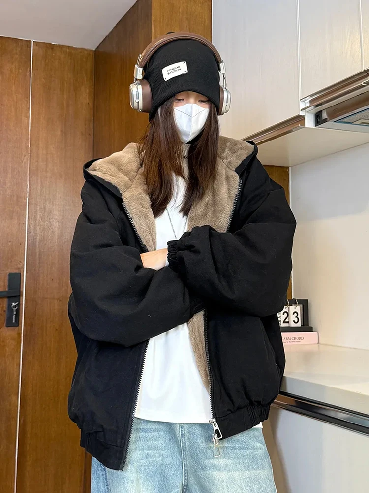 

Зимние толстые пальто с капюшоном, женские корейские свободные плюшевые теплые куртки Y2K, модная уличная одежда, повседневная верхняя одежда на молнии для пар, новинка