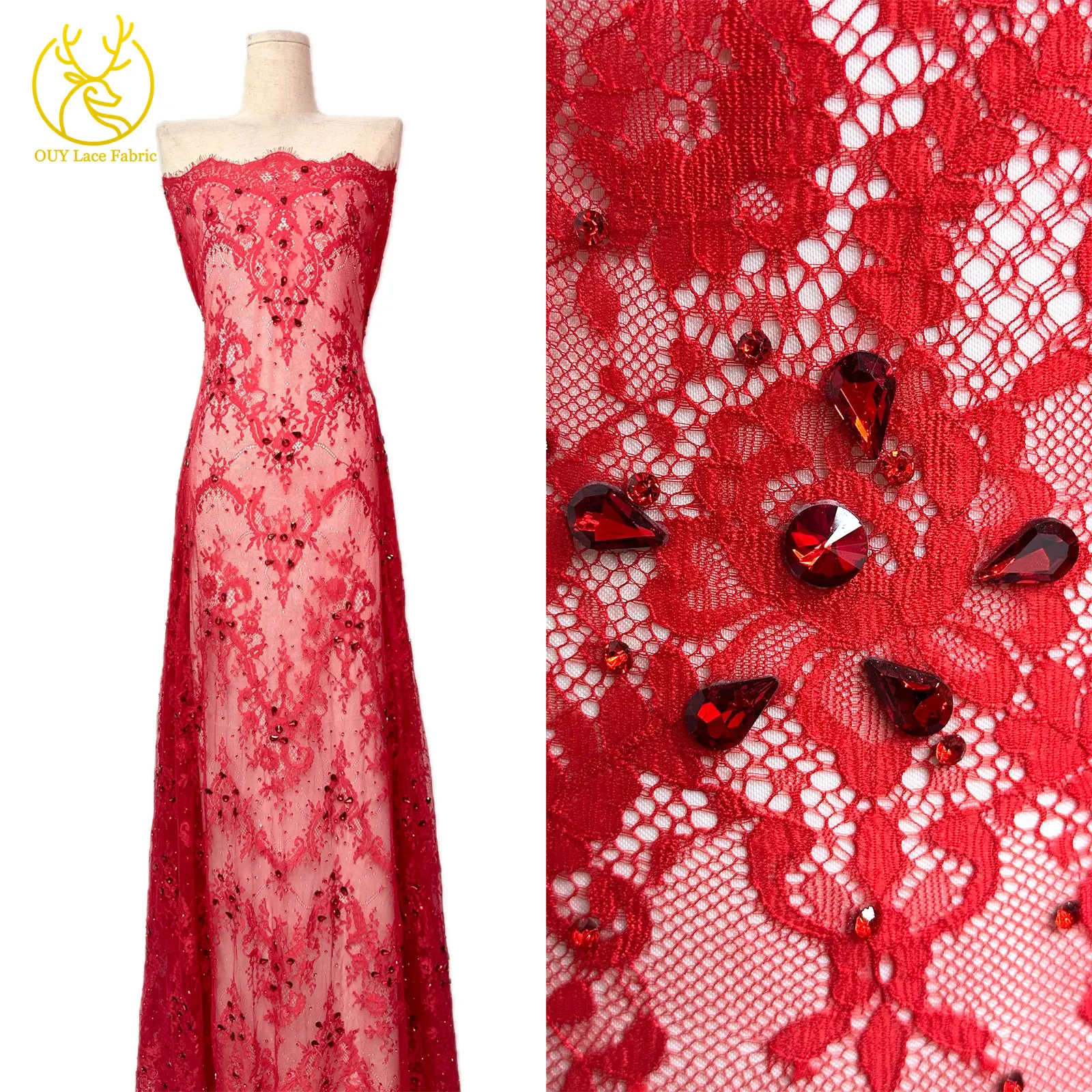 Roter nigerianischer Spitzenstoff, hochwertige afrikanische Milchseide mit Steinen, Guipure-Kordel für Damen-Partykleider, DIY-Nähzubehör, 3 Meter – Detail 5