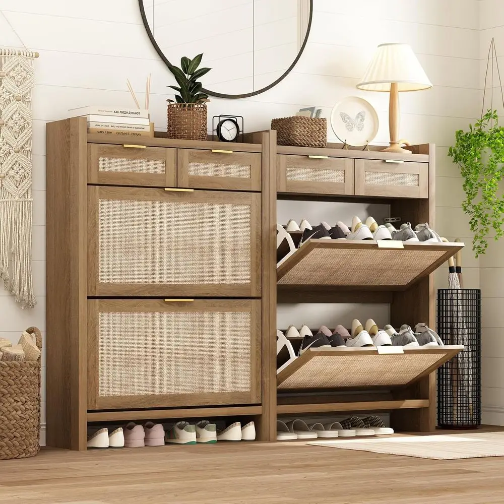 

Тумба-органайзер для обуви из дуба для прихожей – стиль бохо, с полкой, комплект из 2 шт.