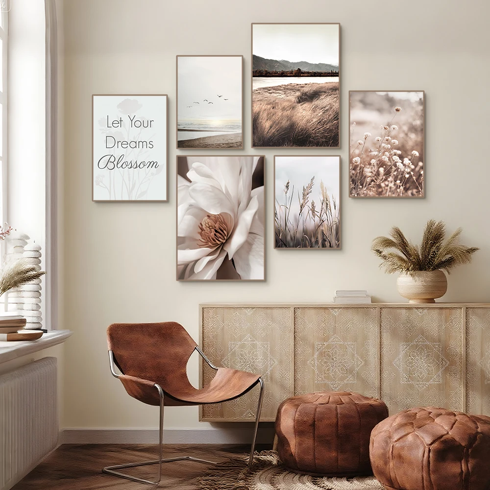1pcs Beige Scenery Hay Reed Wall Pictures Orchid Flower Dandelion Wall Art Sea Beach Print Painting Nordic Posters Living Roo