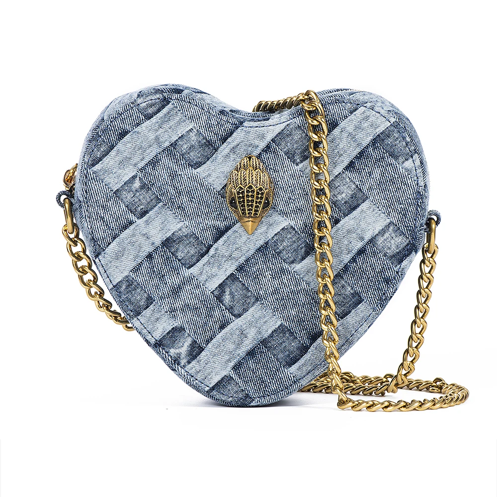 Lady Heart Shaped Bag Wash Denim In Weave Print Purse Jointing Cross Body Bag Patchwork Mobile Phone Bag