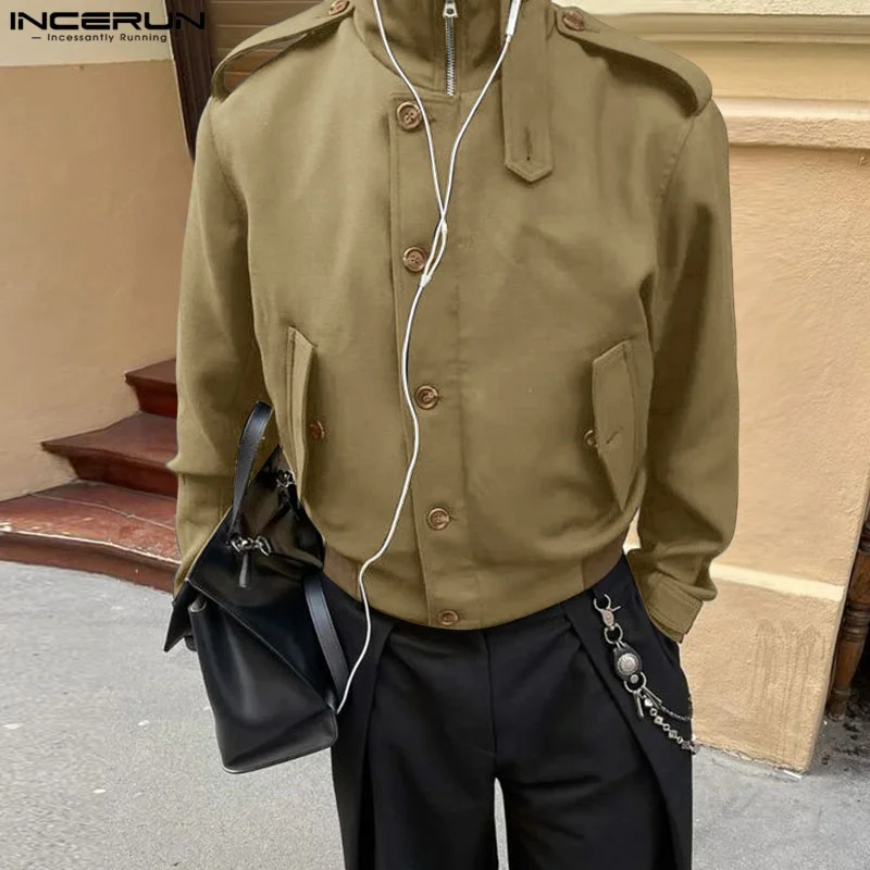 

INCERUN Men Jackets Solid Color Stand Collar Long Sleeve Zipper Button Male Coats Streetwear Fashion Casual Jackets Outerwear