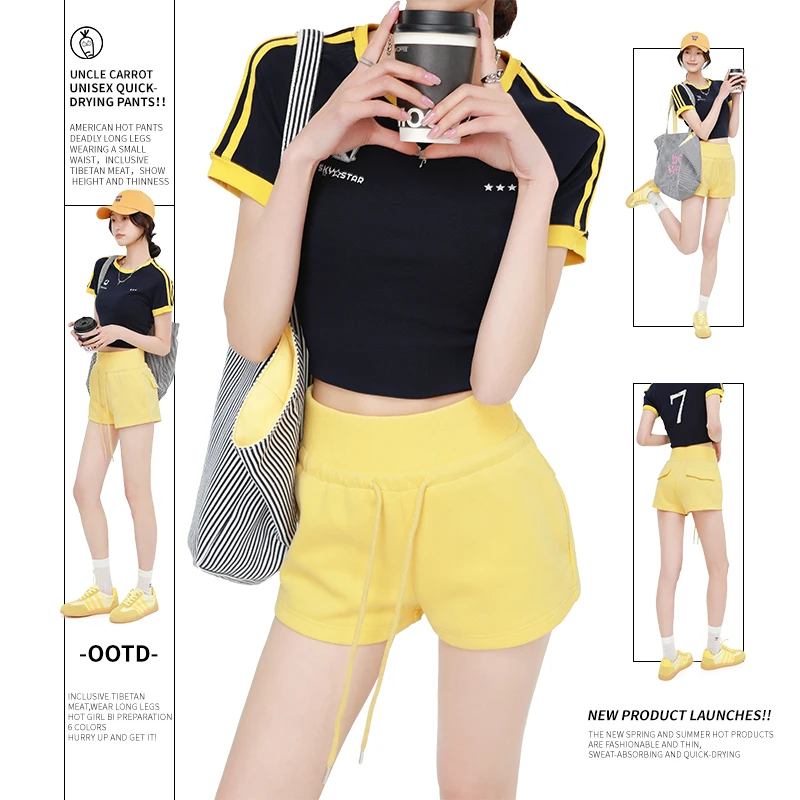 

Спортивные шорты для девочек с эластичной резинкой на талии, модные шорты, весенние повседневные брюки из смешанного хлопка с высокой талией