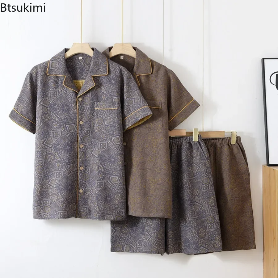 New 2026 Men's 100% Cotton Color Woven Gauze Short Sleeved Shorts Pajamas Set Summer Thin Style Sleepwear Clothes Male Home Wear