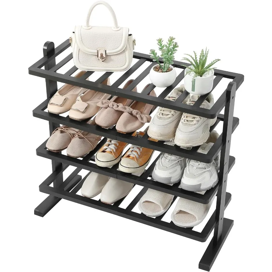

Black Shoe Rack 4Tier Bamboo Shoe Rack Organizer for Closet and Entryway Thick Wooden Free Standing Shoe Shelf for Small Spaces