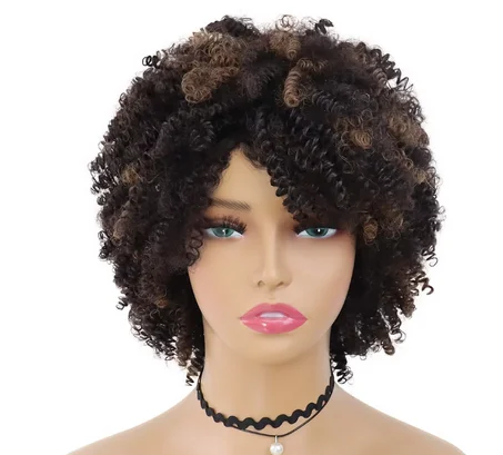 Sintético marrom escuro afro kinky encaracolado peruca com franja para preto feminino curto bombshell perucas natural olhando diário traje festa