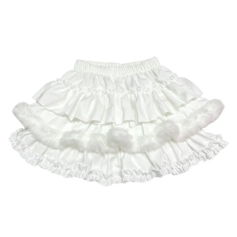 HOUZHOU Women Lolita Feather Trim Tiered Mini Skirt Cuteore Ruffle Layered Elastic Waist Skirts Y2K White Kawaii Short Skirt