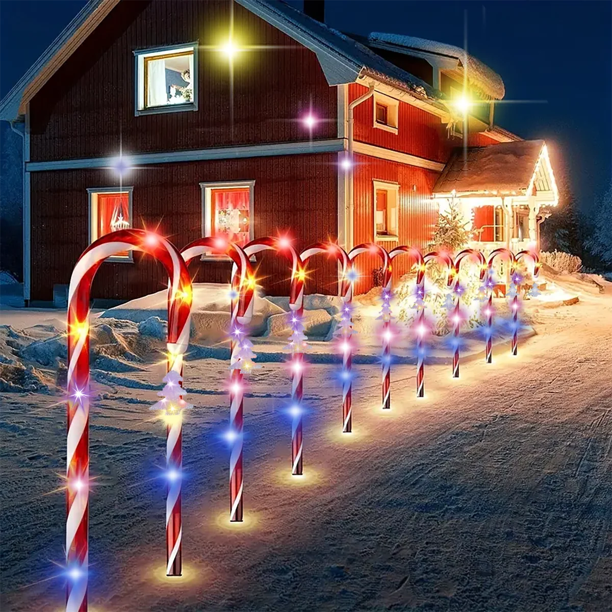 5/Candy Canes Outdoor Decorations Light, Solar Operated Christmas Candy Cane with LED Tree Pathway Markers Lights with Stakes, C