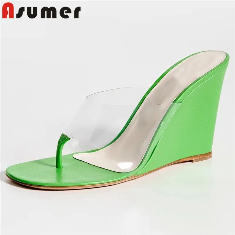 

ASUMER New Synthetic Flip Flops Summer Slippers 2023 Wedges High Heels Slippers Fashion Ladies Transparent Women Shoes