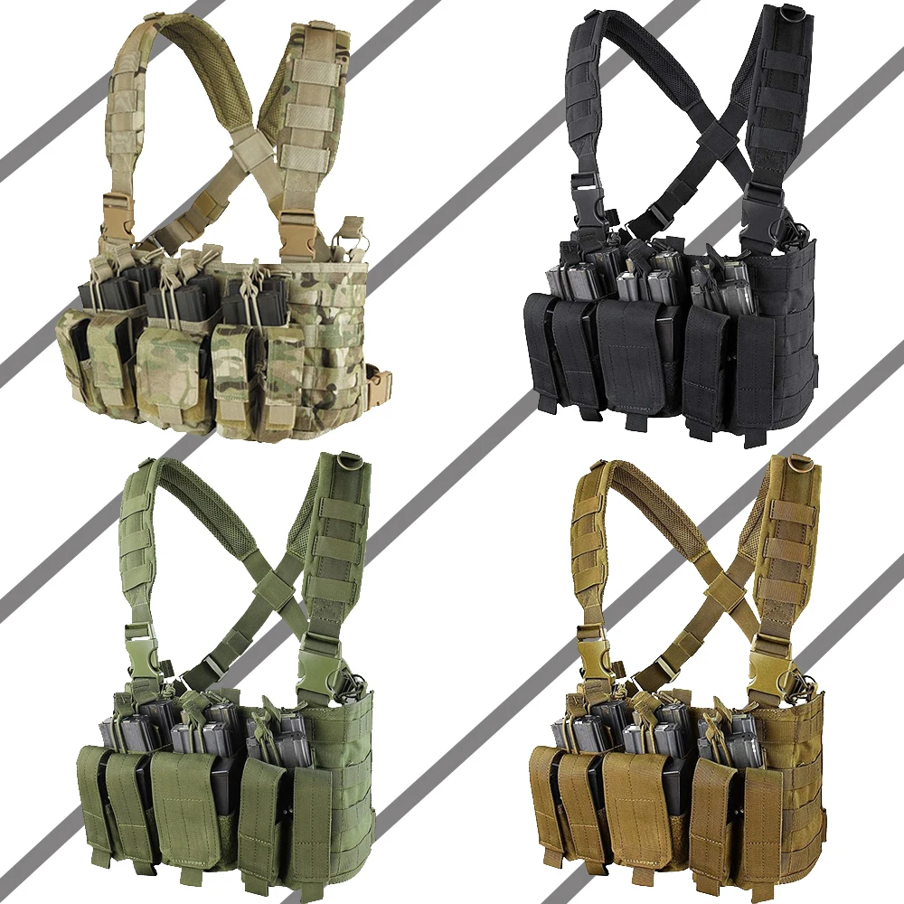 

Tactical Recon Chest Rig Padded cross-back shoulder strap 3 built in stacker/kangaroo style mag pouch hook and loop Front pocket