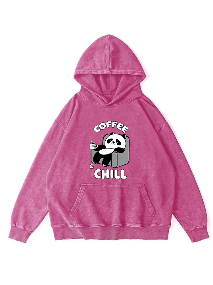 Coffee Chill Cute Panda Cartoon Print Womens Distressed Washed Cotton Hoodies Autumn Simple Comfortable Soft Warm Clothes Female