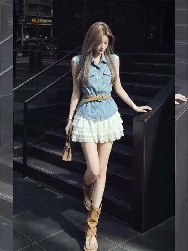 

Summer Denim Style Sleeveless Shirt Women's Slimming Cake Skirt Two-Piece Set White Fashionable Korean System Slim Fit Shirt