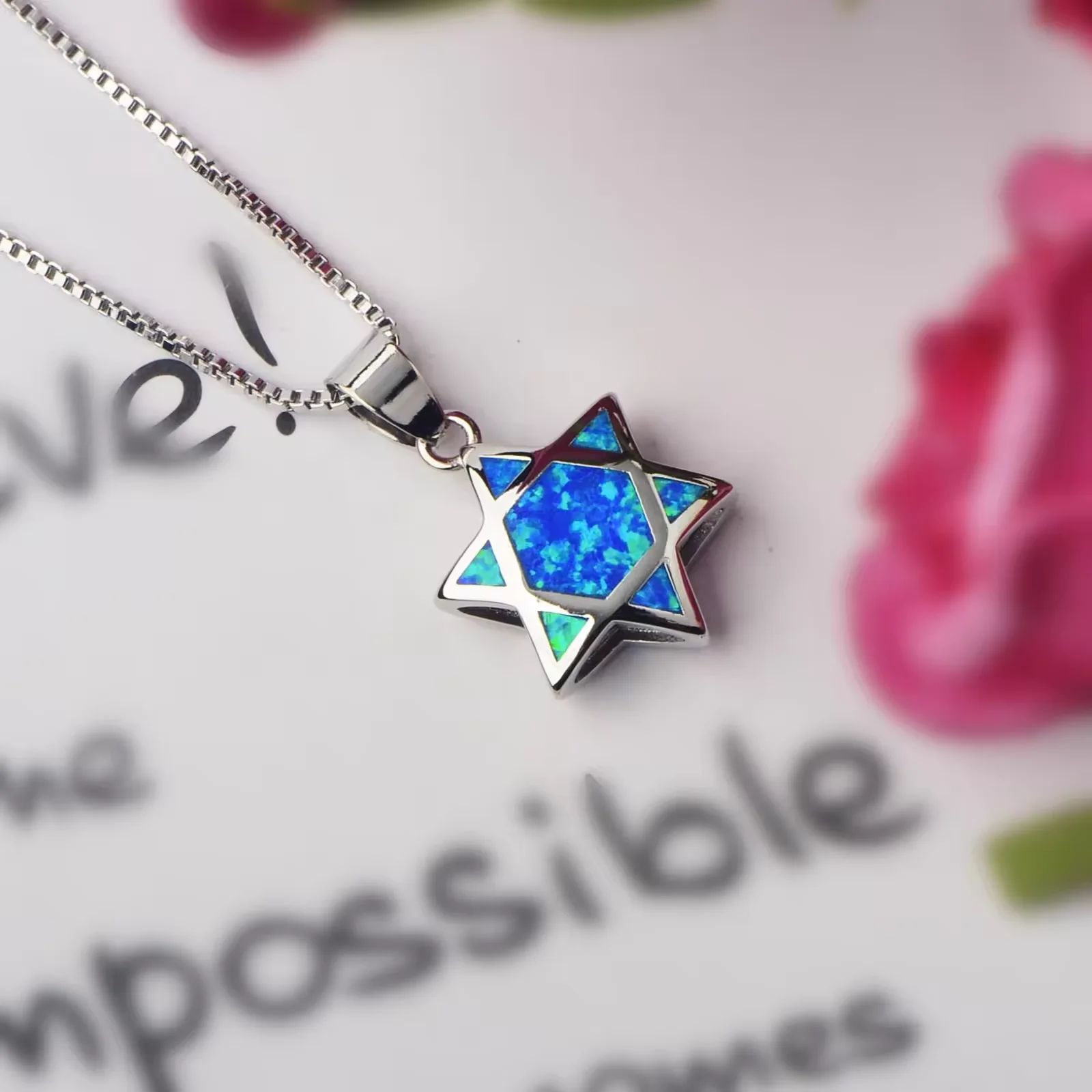 مثيرة للاهتمام مزدوجة الجانب يهوديكا اليهودية نجمة داود تشاي العبرية الأزرق والأبيض النار أوبال قلادة قلادة مجوهرات للهدايا