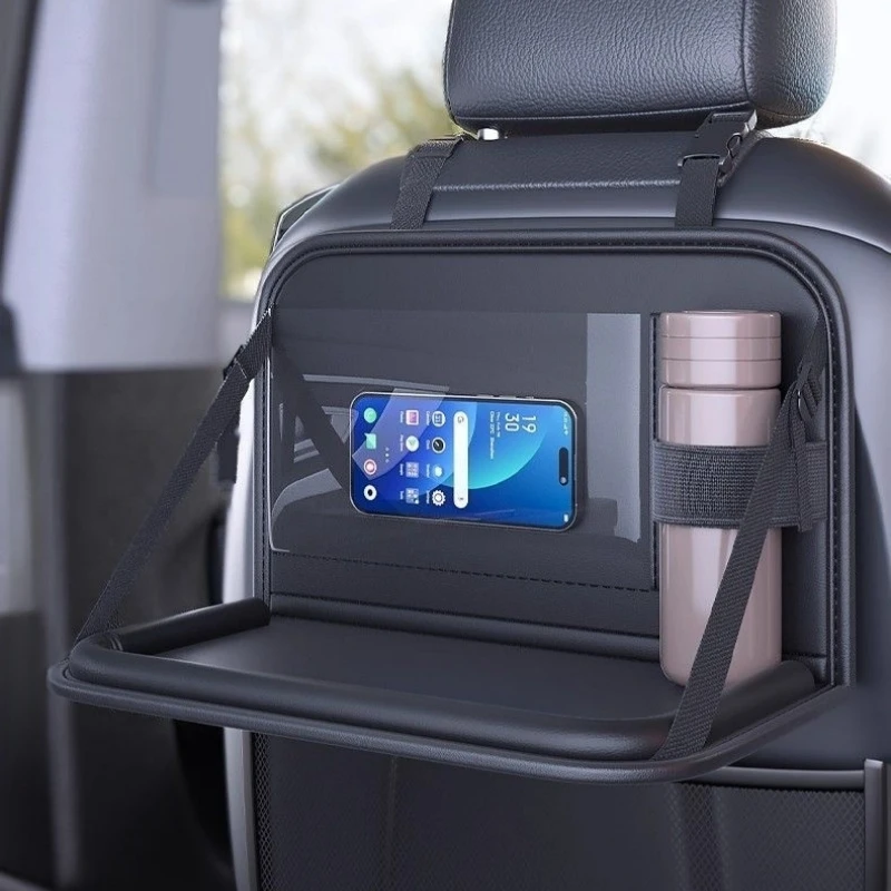 Car Seatback Organizer Foldable Table Tray PU Leather Touch Screen Pocket Phone Tablet Holder Heat Proof Cup Holder for Travel