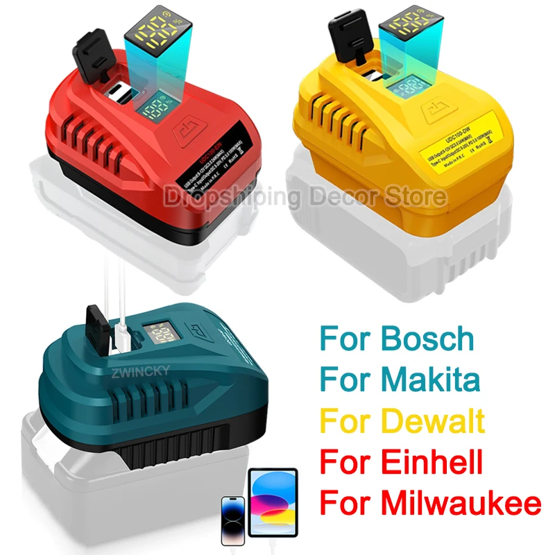 

For Makita/Dewalt/Milwaukee/Bosch/Einhell 18V Li-ion Battery USB Type-C Adapter Charger Type-C Reverse Charge Adapter Converter